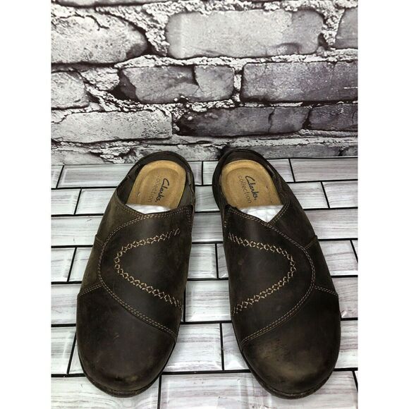 Clarks Collection Brown Leather Slip On Mules Clogs Shoes Women Sz 7.5W US/38EU - Picture 3 of 15